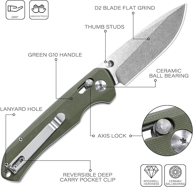 Axis Lock Folding Pocket Knife with Clip, 3.46" D2 Steel Drop Point Blade and G10 Handle, Crossbar