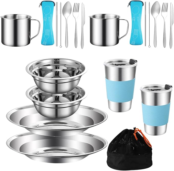 Camping Mess Kit Camping Dishes Set Stainless Steel Tableware Mess Kit Includes Plate Bowl Cup