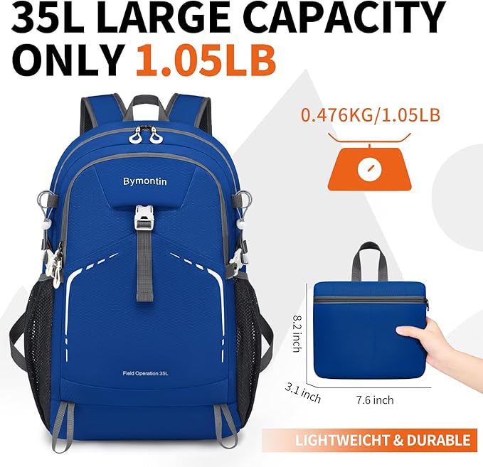 35L Lightweight Packable Backpack – Durable Foldable Daypack for Travel, Hiking, and Gym (Blue)