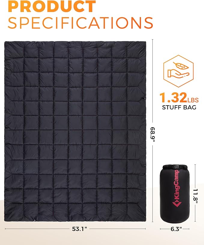 KingCamp Ultralight Camping Blanket, Packable Down Alternative Puffy Wearable Blankets Weatherproof