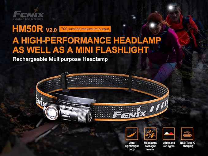 fenix HM50R v2.0 Headlamp, 700 Lumen USB-C Rechargeable Lightweight with White/Red Light, with
