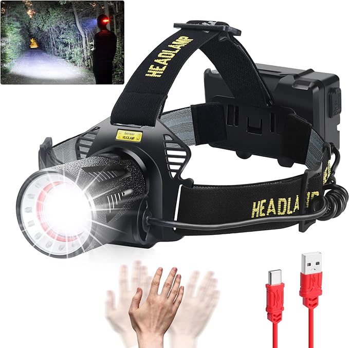Aikertec Headlamp Rechargeable, Super Bright Headlamp for Adults with Motion Sensors, 7 Modes