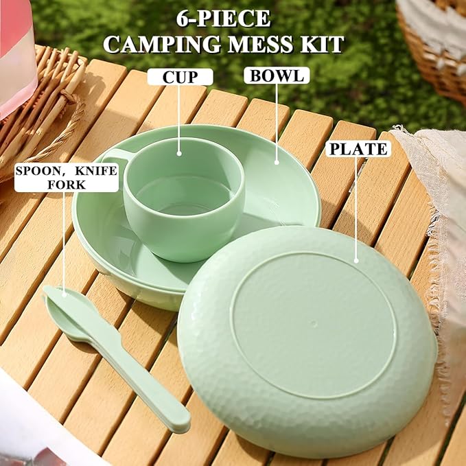 HOMQUEN 6-Piece Camping Mess Kit with Bowl, Plate, Cup, Spoon, Fork, Knife and Carry Bag, Plastic