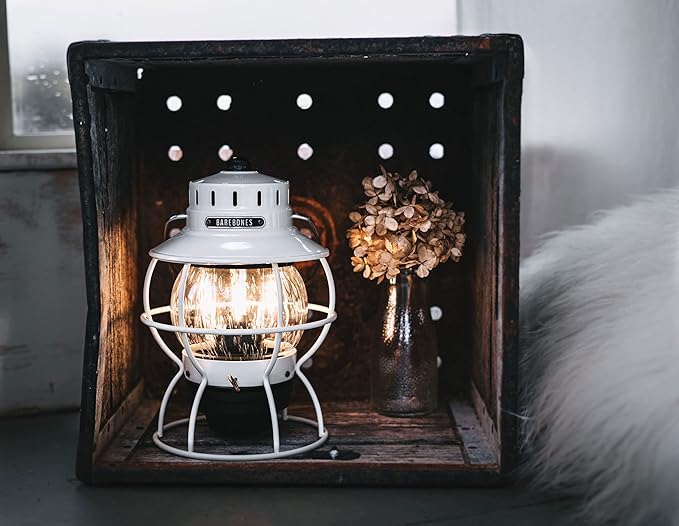 Barebones Railroad Lantern ??Vintage White, Vintage-Inspired LED Camping Lantern with Rechargeable