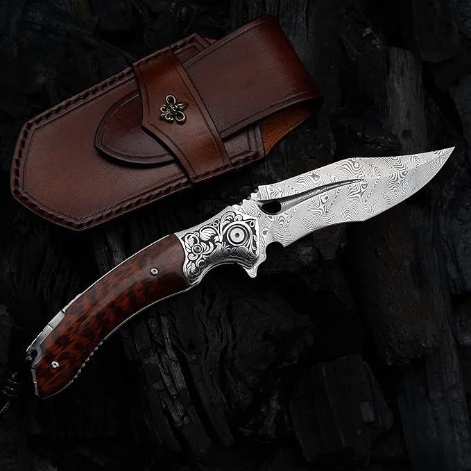 Japanese VG 10 Damascus Steel Folding Knife, Outdoor Wilderness Survival Pocket Knife, Snake Wood