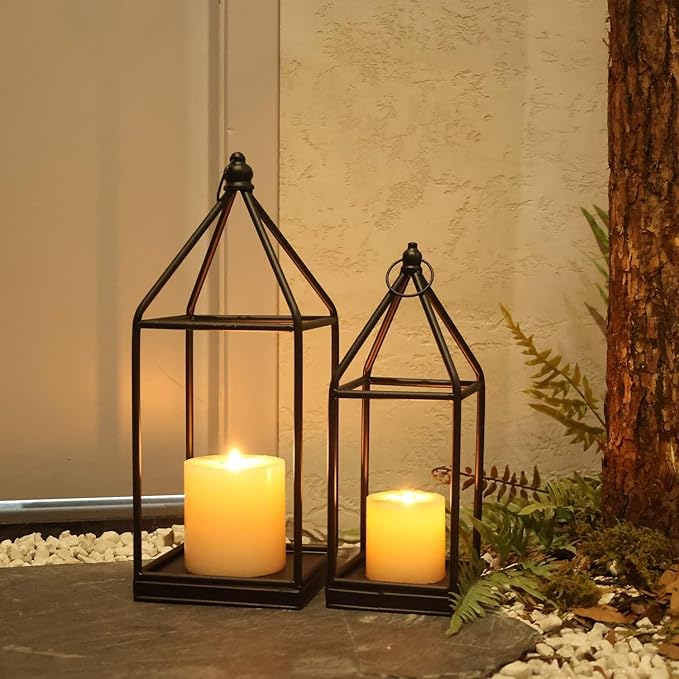 DECORKEY Luxury Lantern Decorative Outdoor&Indoor, Set of 2 (18’’&14’’) Black Metal Lanterns Decor