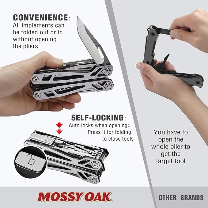 MOSSY OAK Multitool, 21-in-1 Stainless Steel Pocket Knife with Screwdriver Sleeve, Self-locking