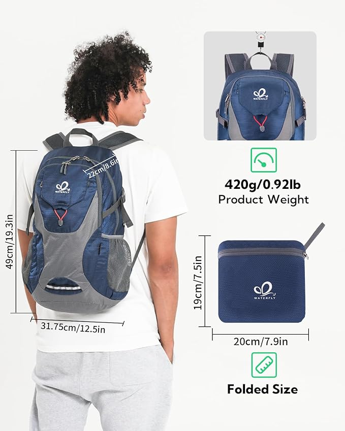 WATERFLY Lightweight Packable Hiking Backpack: 30L Foldable Travel Daypack Ultralight Camping Day