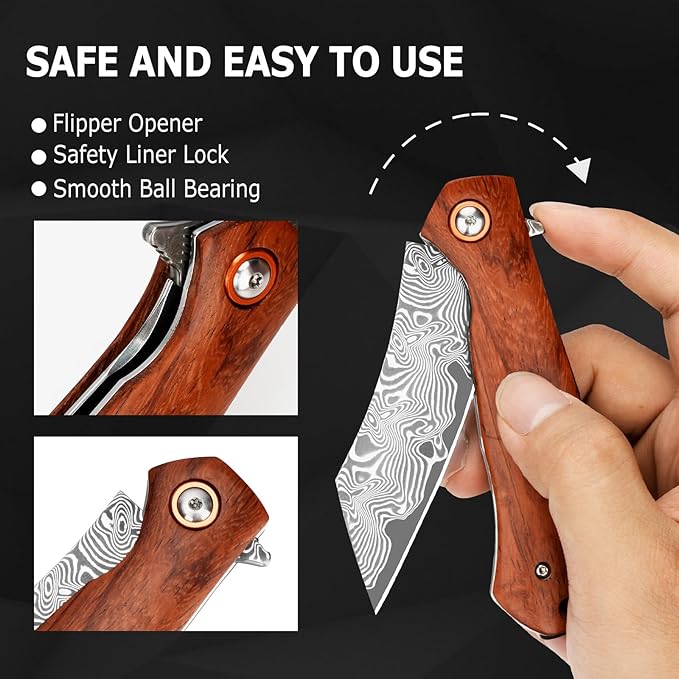 AUBEY Pocket Knife for EDC, 3.15" VG10 Core Damascus Steel Blade Folding Knife with Wood Handle