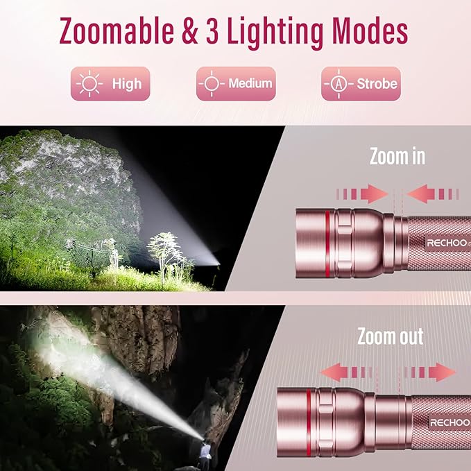 Rechargeable Flashlights High Lumens, G1000 Super Bright Flash Light Pink, Small Zoomable LED