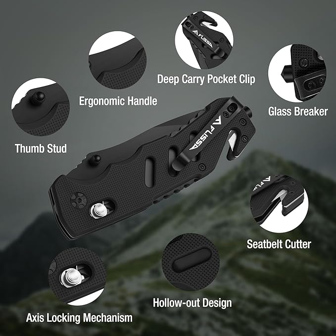 FLISSA Folding Pocket Knife with Clip, Glass Breaker and Seatbelt Cutter, Survival Knife for