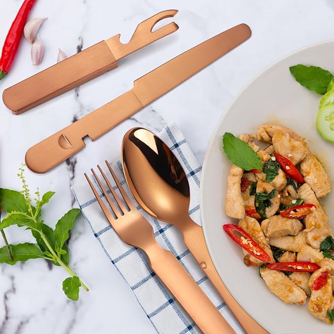 Camping Silverware Copper/Rose Gold Flatware Stainless Steel Eating Utensils Set Travel Portable