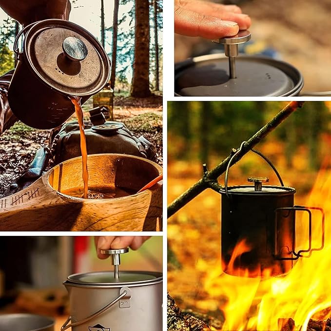 Bestargot Titanium Pot 750ml, Portable French Press | Ultralight Camping Pot for Coffee, Cooking &