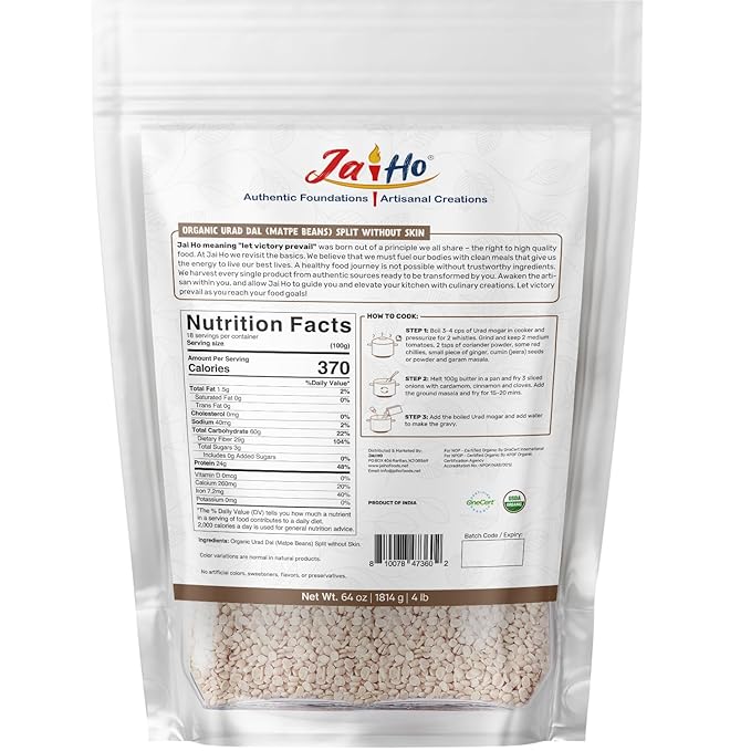Jai Ho Certified Organic Kabuli Chana Garbanzo Beans 4 lb | Chickpeas Lentils | Indian Kabuli Chole
