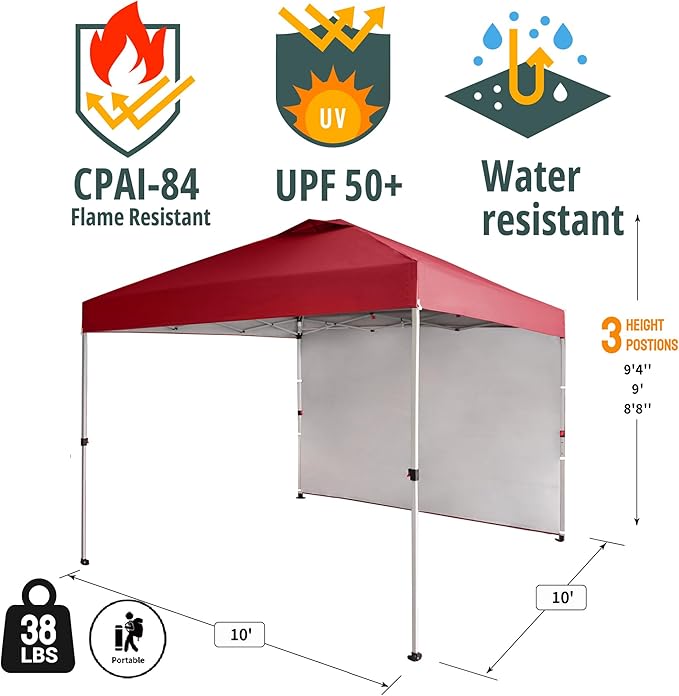 CROWN SHADES 10x10 Pop Up Canopy with 1 Side Wall - Beach Tent with One Push Setup - Outdoor Sun