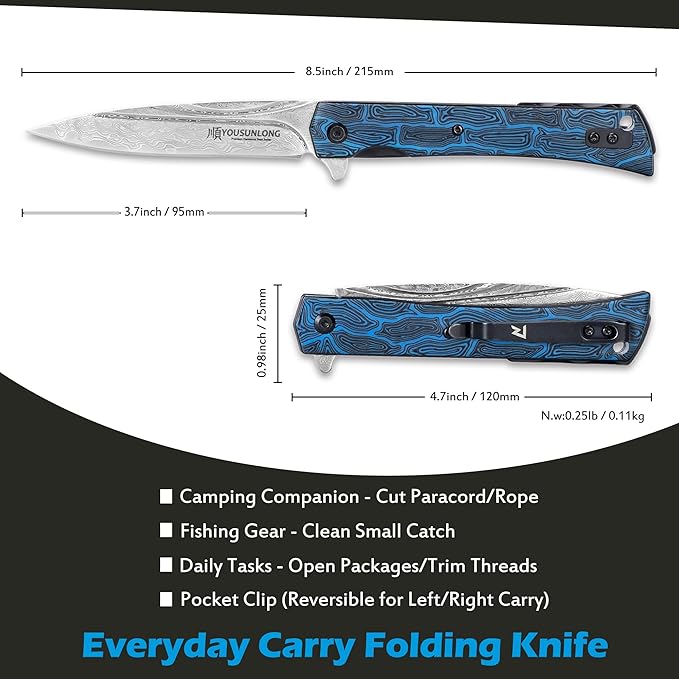 YOUSUNLONG Camping Folding Knife - Hammered Damascus Steel Blade Overall 215mm - Blue Damascus