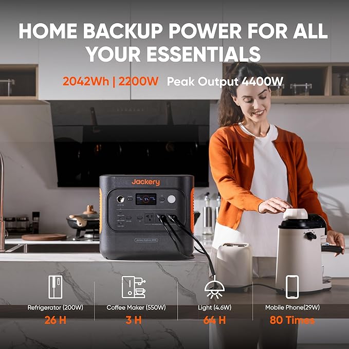 Jackery Explorer 2000 v2 Portable Power Station, 2042Wh LiFePO4 Home Backup Battery, 2200W Solar