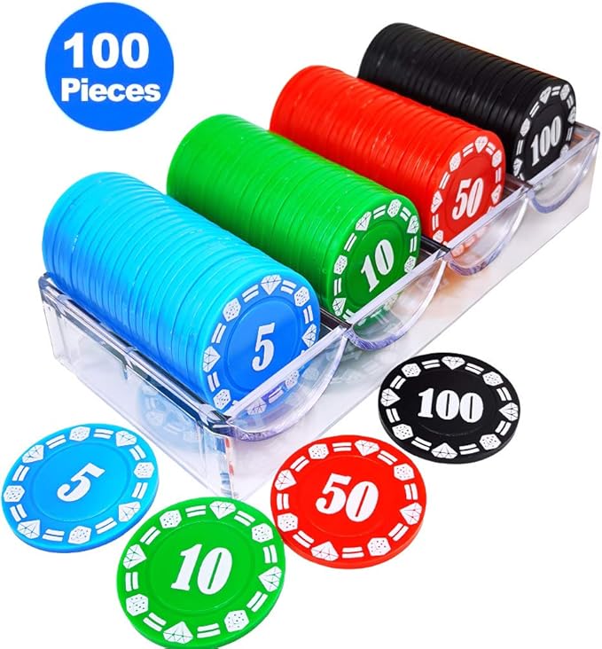 Plastic Poker Chips Set of 100 Pcs with Storage Box,Denomination Printed Casino Style Chip for