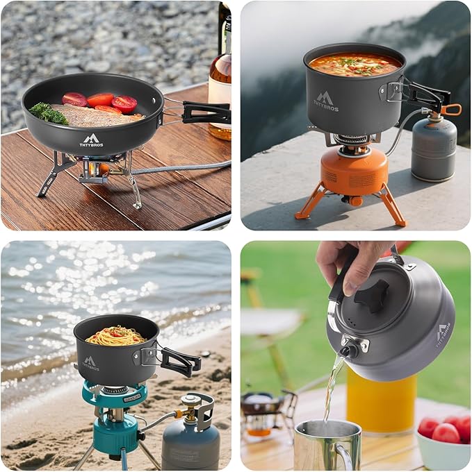 27pcs Camping Cookware Mess Kit for 2-4 People, Portable Cookware Set with Kettle, Pots & Pans