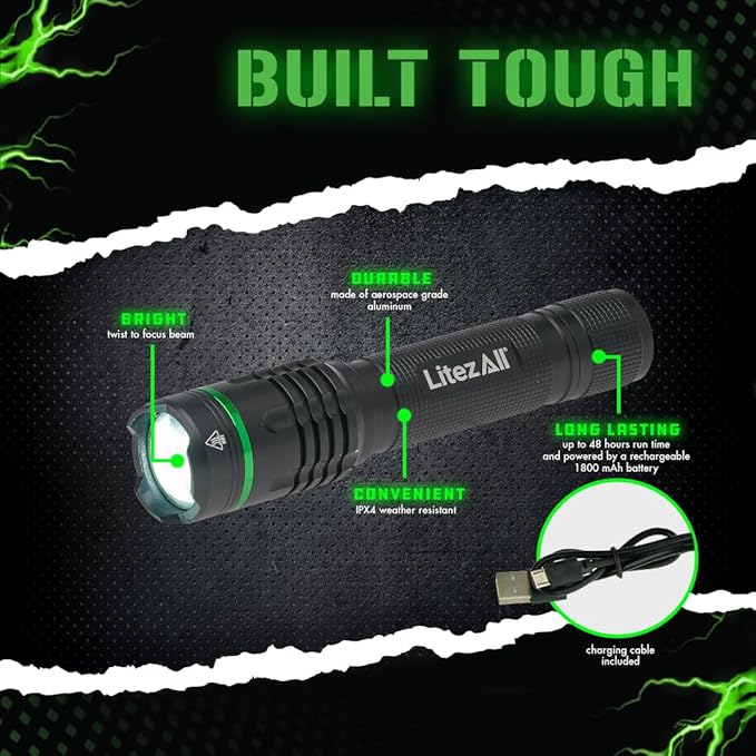 LitezAll 1000 Lumen Thin Rechargeable Tactical Flashlight, Slim Compact LED Flashlight with USB