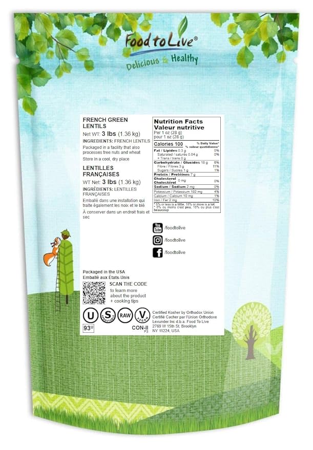 Food to Live French Green Lentils, 3 Pounds ??Whole Dry Beans, Raw, Sproutable, Vegan, Kosher