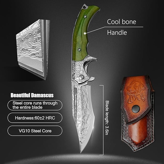 Damascus Steel Folding Knife, 3.6 '' VG10 Sandwich Damascus Steel bone Handle with Pocket Clip, for