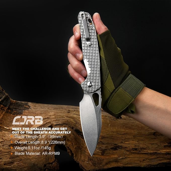 CJRB Frack Pocket Knife, 3.9" AR-RPM9 Steel Blade PVD Coating Frag Pattern Steel Handle EDC Knife