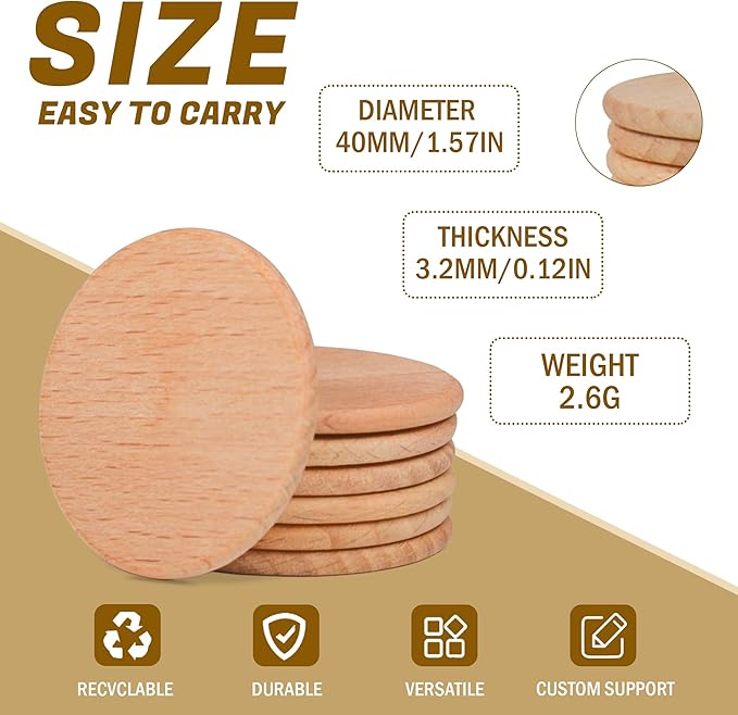30-1000pcs 40mm Custom Wooden Drink Tokens,Double-Sided Laser Engraved with Logo,Text or