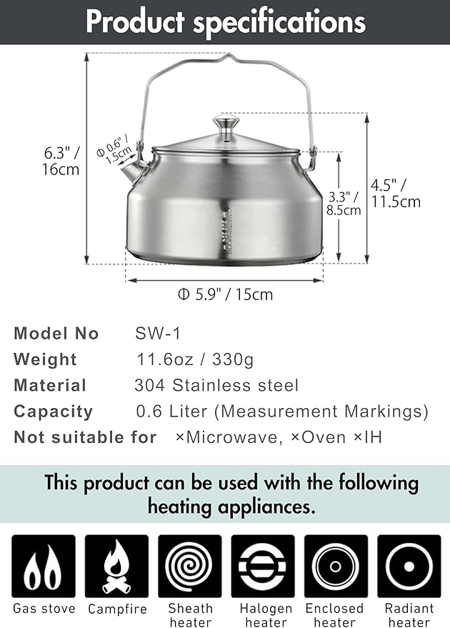 CAMPINGMOON 1L Campfire Kettle Seamless One-Piece Stainless Steel Wide Bottom Wide Spout Integrated