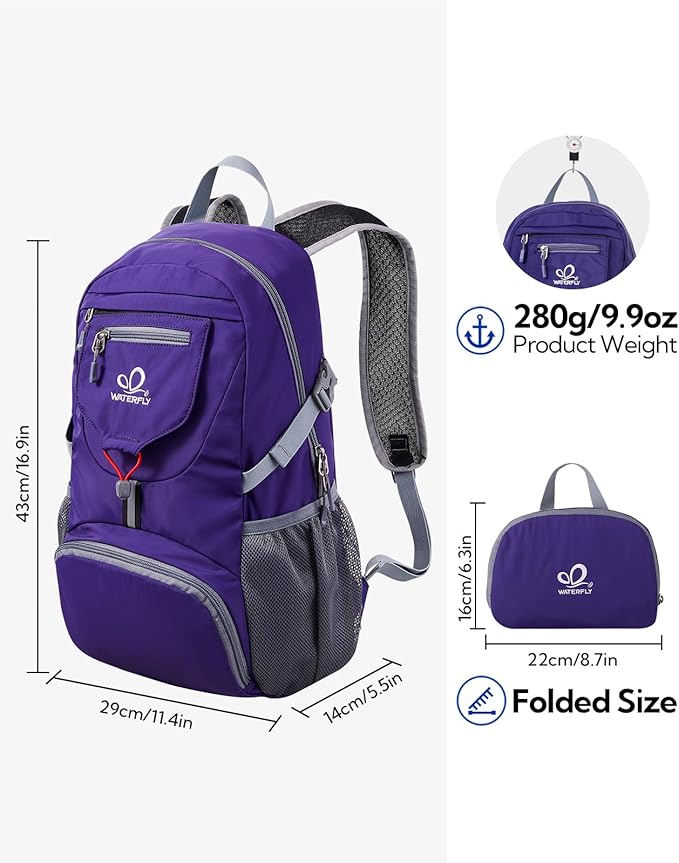 WATERFLY Small Lightweight Packable Backpack: 20l Ultra Light Foldable Travel Hiking Camping