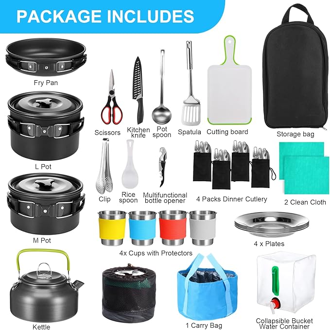 Gejoy 42 Pcs Camping Cookware Mess Kit, Non Stick Lightweight Pots Pan Kettle, Collapsible Water