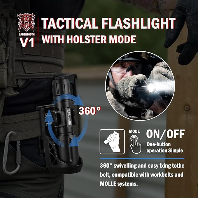 SABERTOOTH Police Tactical Flashlight-2200 High Lumen Duty Belt Flashlight for Law Enforcement
