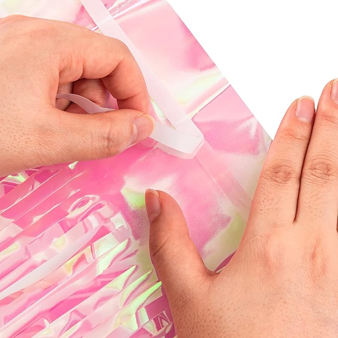 BRAVESHINE Clear Pink Streamers Party Decorations Iridescent Foil Fringe Backdrop - 2 Pack 3.2 x