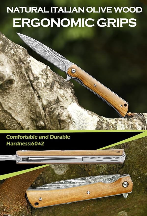 YOUSUNLONG Folding Knife Overall 215mm Camping Knife - Hammered Damascus Steel Blade - Natural