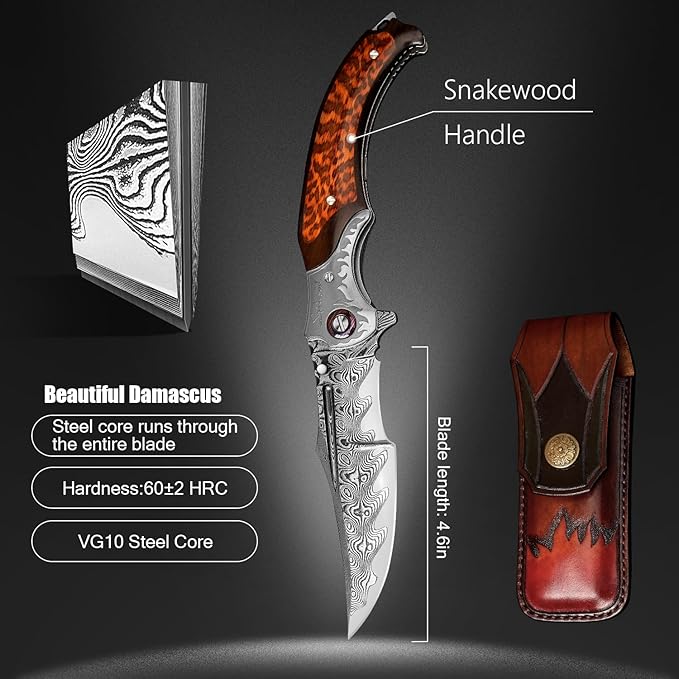 4.6in Damascus steel blade, ebony inlaid with serpentine wood handle with leather pocket folding