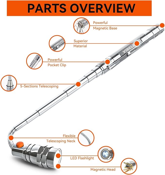 Extendable Magnetic LR44 Flashlight with Telescoping Magnet Pickup Tool-Cool Gadget Gifts for Him