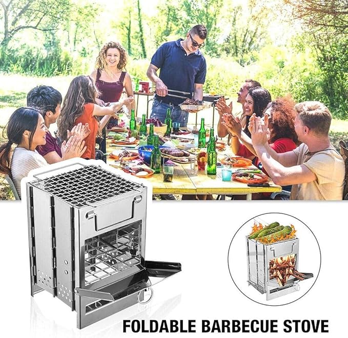 Camping Wood Burning Stove with Grill, Collapsible Backpacking Survival Rocket Stove Stainless