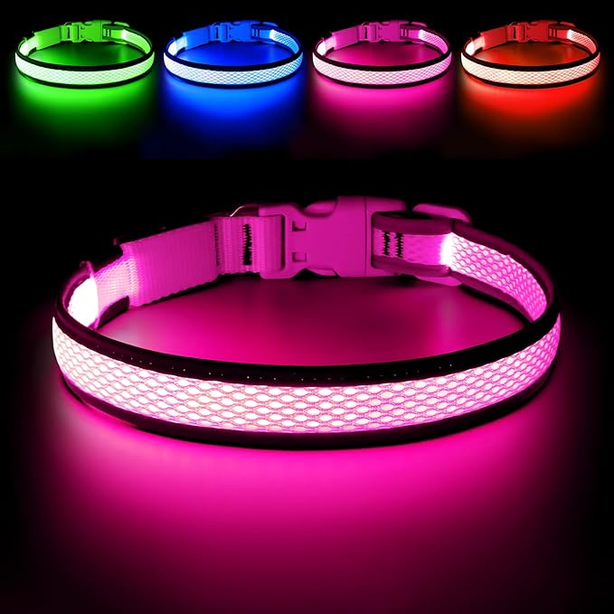 Flashseen LED Dog Collar, USB Rechargeable Light Up Dog Collar Lights, Adjustable Comfortable Soft