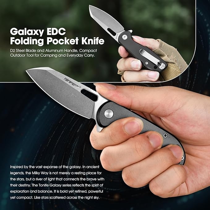 TONIFE Galaxy Mini Folding Knife with D2 Steel Blade and Aluminum Handle, EDC Pocket Tool for