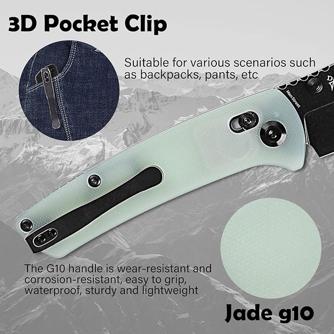 KANSEPT Main Street Pocket Folding Knife, 3.36''Black Ticn Coated 154CM Sharp Steel Blade, Jade G10