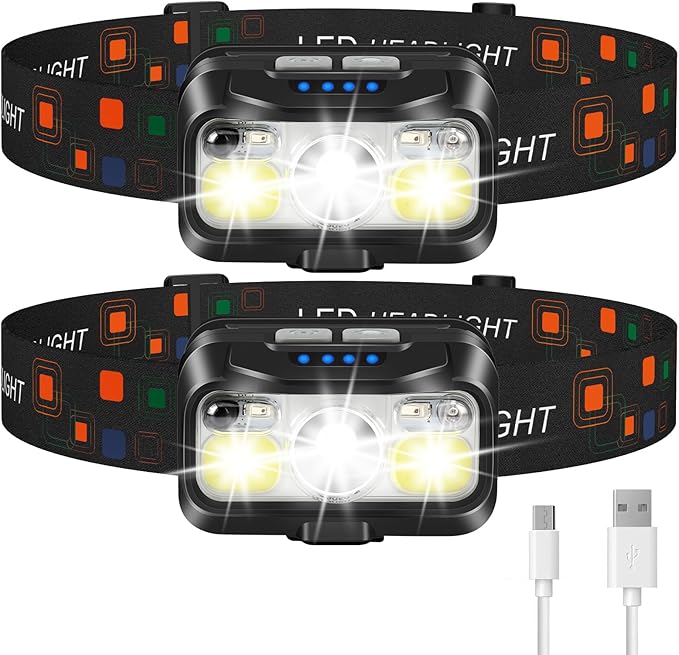 LHKNL Headlamp Rechargeable, Lumen Super Bright Motion Sensor Head Lamp Flashlight,2-Pack