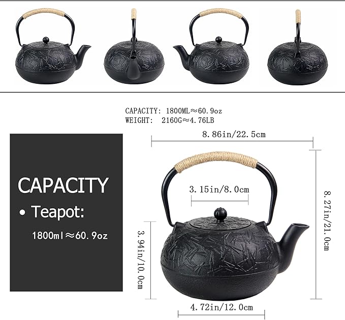 60.9oz YJX Cast Iron Teapot, Japanese Tetsubin Tea Kettle for Stovetop Safe, Cast Iron Tea Pot with