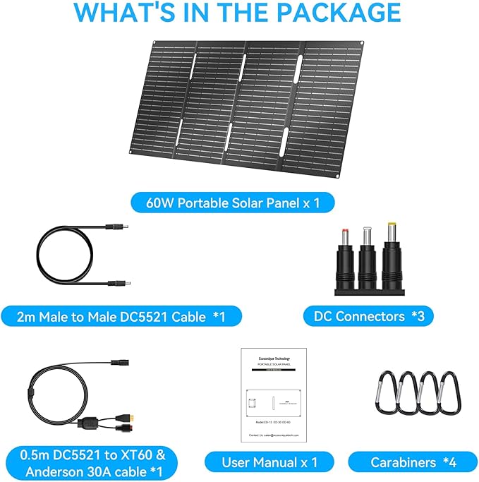 Ecosonique 60W Portable Foldable Solar Panels Charger Fast Charging with USB-C PD3.0 USB-A QC3.0 DC