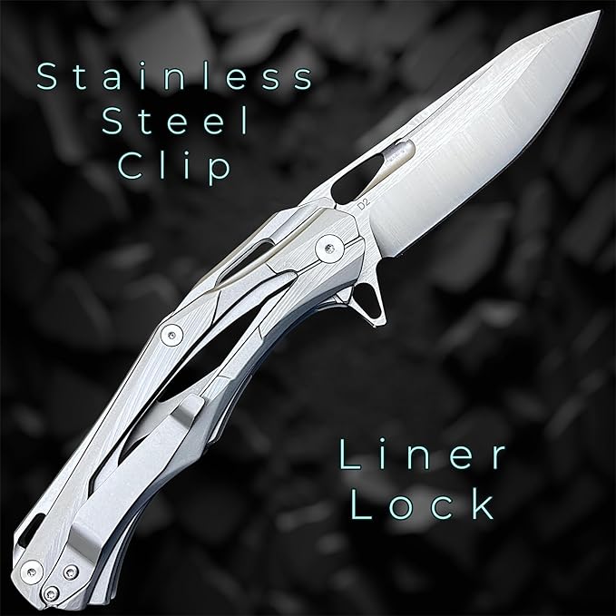 TACTICAL GEARZ Stainless Steel Pocket Knife, Brushed Nickel Stainless Steel Handle, D2 Steel Blade