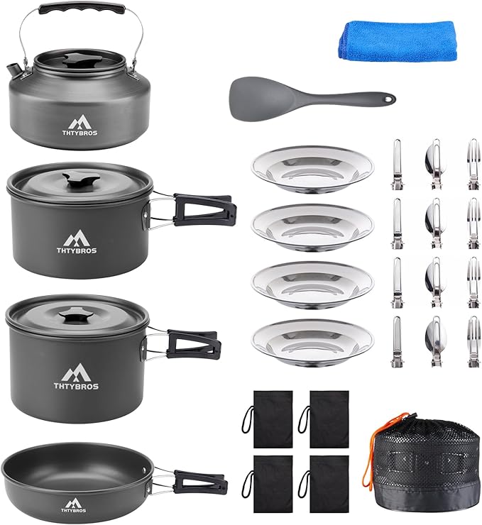 27pcs Camping Cookware Mess Kit for 2-4 People, Portable Cookware Set with Kettle, Pots & Pans