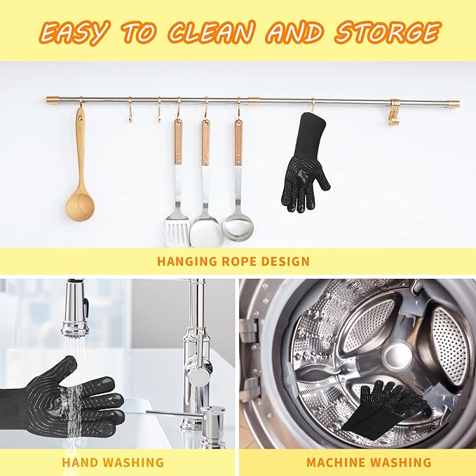 BBQ Gloves, 1472°F Heat Resistant Fireproof Mitts, Silicone Non-Slip Washable Oven Kitchen Gloves