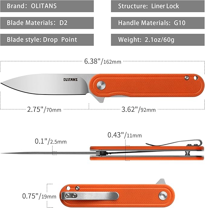 G040 Pocket Knife, 2.75'' D2 Steel Blade G10 handle, Small EDC Knife with Pocket Clip for Men