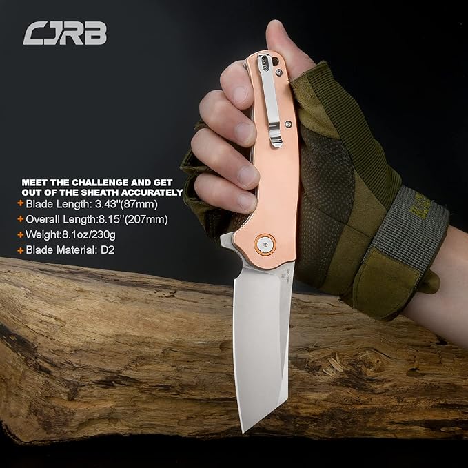 CJRB Crag Folding Pocket Knife, 3.43" D2 Steel Blade Copper Handle EDC Knife with Pocket Clip for