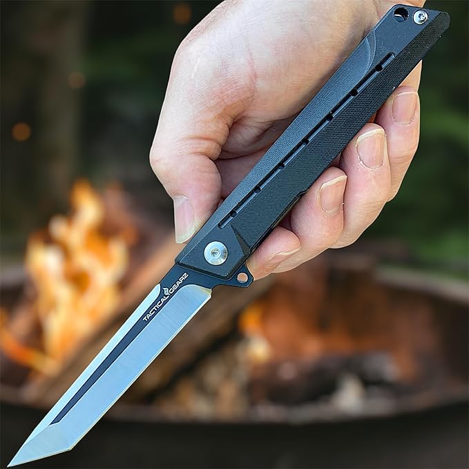 TACTICAL GEARZ Pocket Folding Knife for EDC, G10 Handle, D2 Steel Tanto Blade, Includes Sheath (Nyx