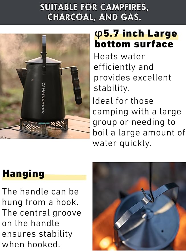 CAMPINGMOON 1.5L Campfire Kettle Stainless Steel Camping Kettle Black BKSW-6